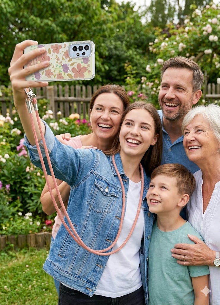 A stylish and practical multi-purpose cord phone chain for phones, featuring a loop for easy length adjustment and sturdy metal clips to securely hold the phone.