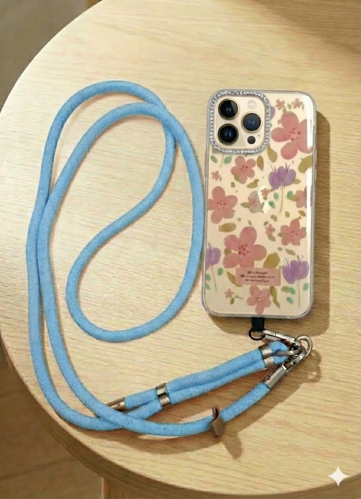 A stylish and practical multi-purpose cord phone chain for phones, featuring a loop for easy length adjustment and sturdy metal clips to securely hold the phone.