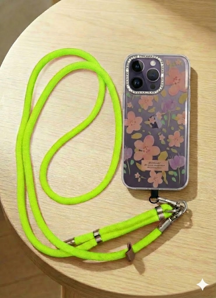 A stylish and practical multi-purpose cord phone chain for phones, featuring a loop for easy length adjustment and sturdy metal clips to securely hold the phone.