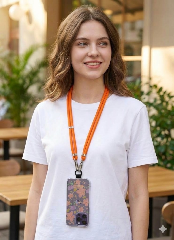 A stylish and practical multi-purpose cord phone chain for phones, featuring a loop for easy length adjustment and sturdy metal clips to securely hold the phone.