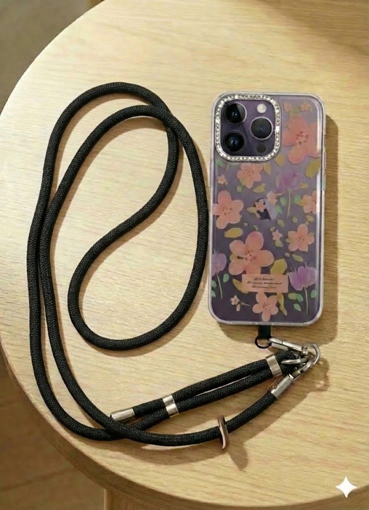 A stylish and practical multi-purpose cord phone chain for phones, featuring a loop for easy length adjustment and sturdy metal clips to securely hold the phone.