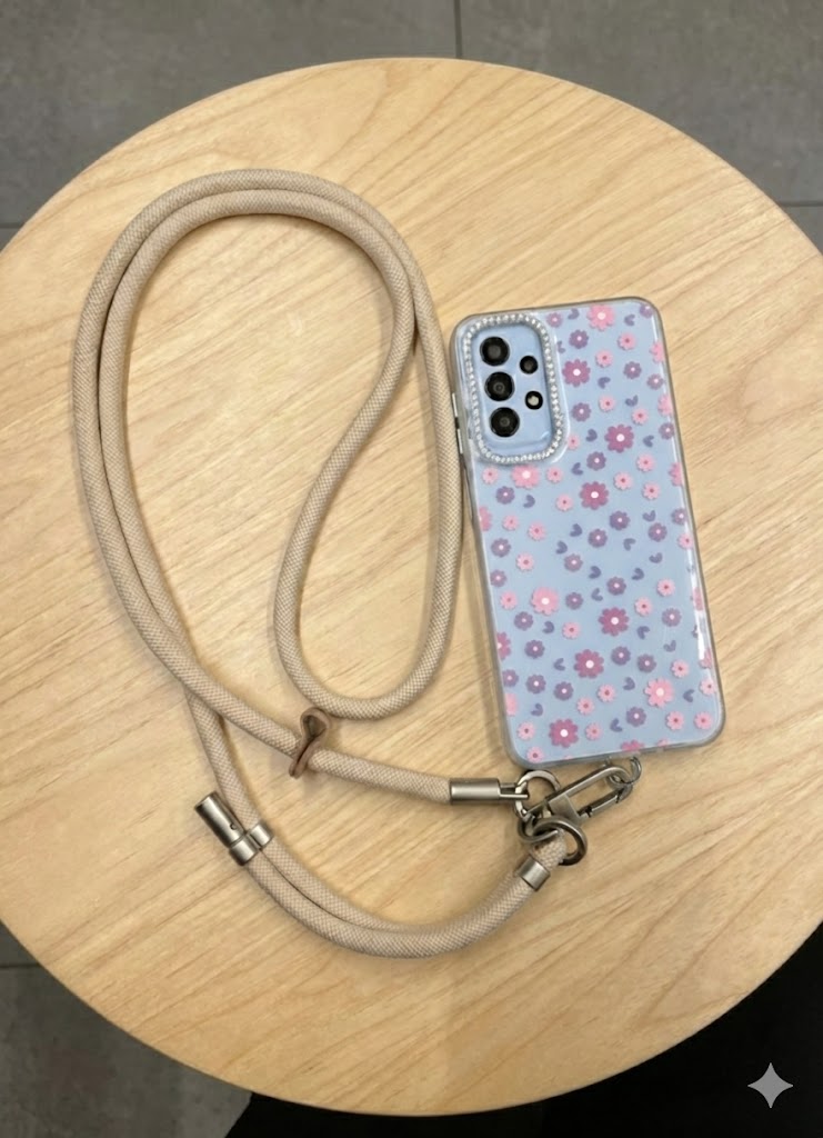 A stylish and practical multi-purpose cord phone chain for phones, featuring a loop for easy length adjustment and sturdy metal clips to securely hold the phone.