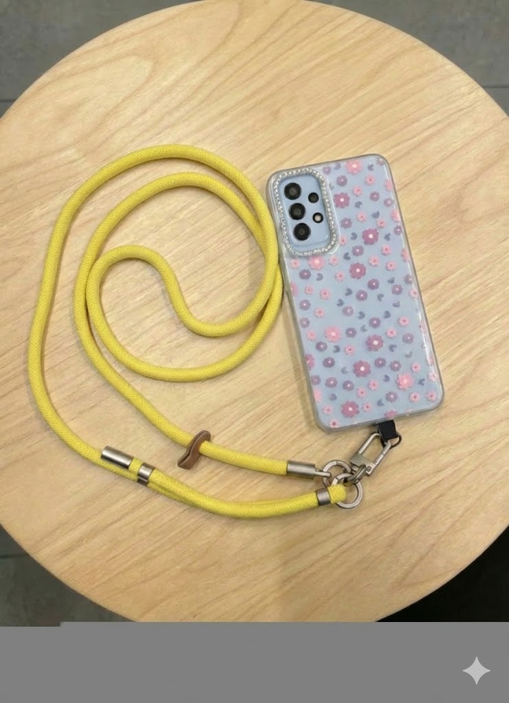 A stylish and practical multi-purpose cord phone chain for phones, featuring a loop for easy length adjustment and sturdy metal clips to securely hold the phone.