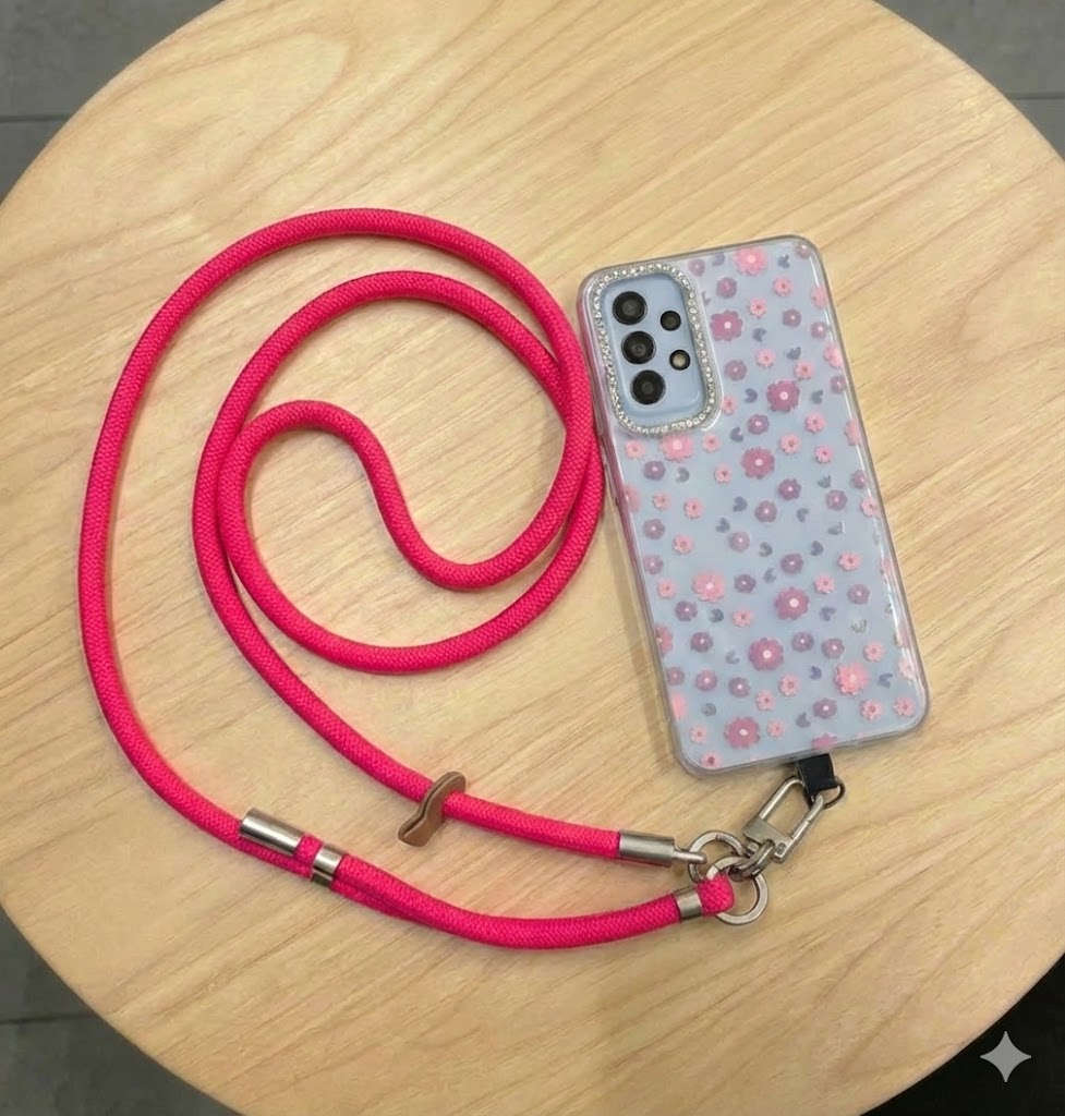 A stylish and practical multi-purpose cord phone chain for phones, featuring a loop for easy length adjustment and sturdy metal clips to securely hold the phone.