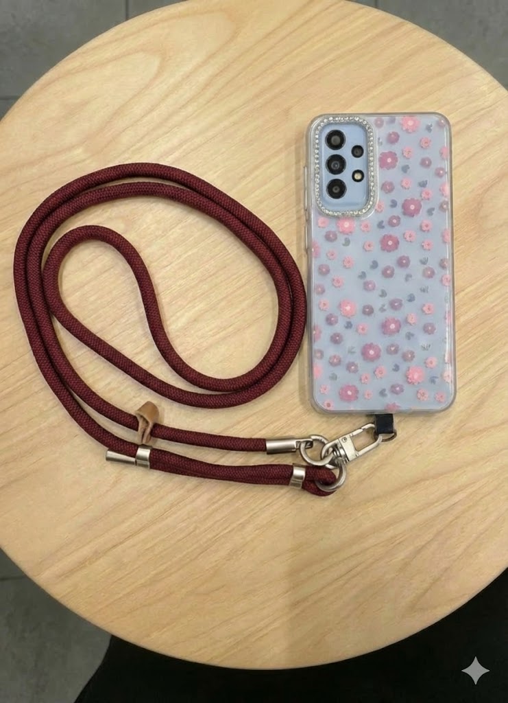 A stylish and practical multi-purpose cord phone chain for phones, featuring a loop for easy length adjustment and sturdy metal clips to securely hold the phone.