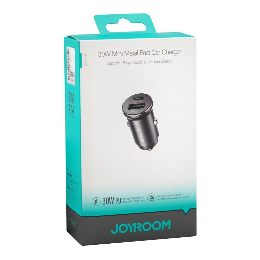 شاحن سيارة Joyroom Mini Metal 30W PD سريع بمنفذين USB-C و USB-A – شحن قوي وتصميم معدني أنيق